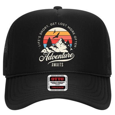 Adventure Awaits Get Lost Mountain Camping Outdoors High Crown Mesh Back Trucker Hat