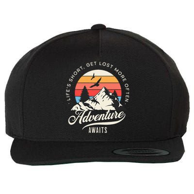 Adventure Awaits Get Lost Mountain Camping Outdoors Wool Snapback Cap