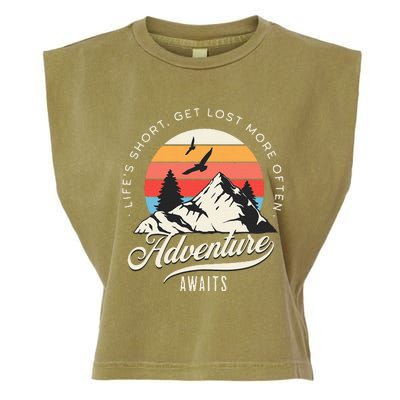 Adventure Awaits Get Lost Mountain Camping Outdoors Garment-Dyed Women's Muscle Tee