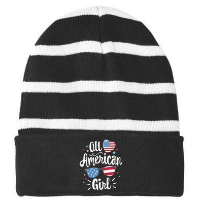 All American Girl Women American Flag 4th Of July Patriotic Striped Beanie with Solid Band