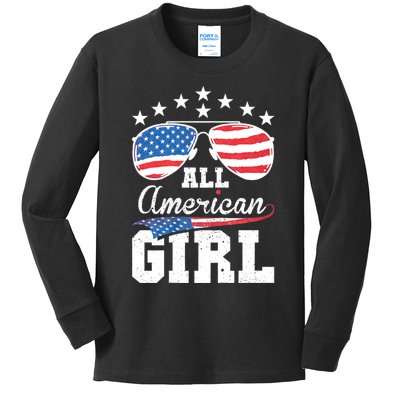 All American Girl Women American Flag 4th Of July Patriotic Kids Long Sleeve Shirt