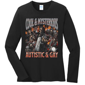 Autistic And Gay Funny Hard Skeleton Meme Graphic Bootleg Ladies Long Sleeve Shirt