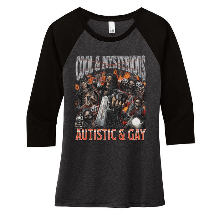 Autistic And Gay Funny Hard Skeleton Meme Graphic Bootleg Women's Tri-Blend 3/4-Sleeve Raglan Shirt