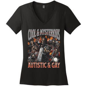 Autistic And Gay Funny Hard Skeleton Meme Graphic Bootleg Women's V-Neck T-Shirt