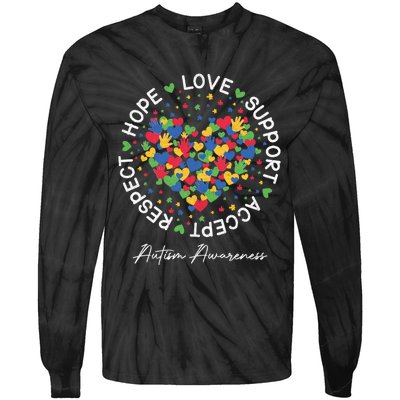 Autism Awareness Hope Love Support Accept Respect Tie-Dye Long Sleeve Shirt