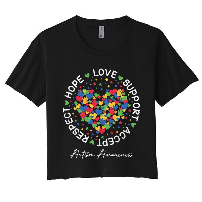 Autism Awareness Hope Love Support Accept Respect Women's Crop Top Tee