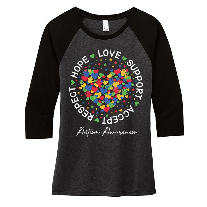 Autism Awareness Hope Love Support Accept Respect Women's Tri-Blend 3/4-Sleeve Raglan Shirt