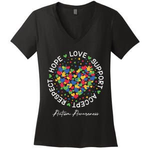 Autism Awareness Hope Love Support Accept Respect Women's V-Neck T-Shirt