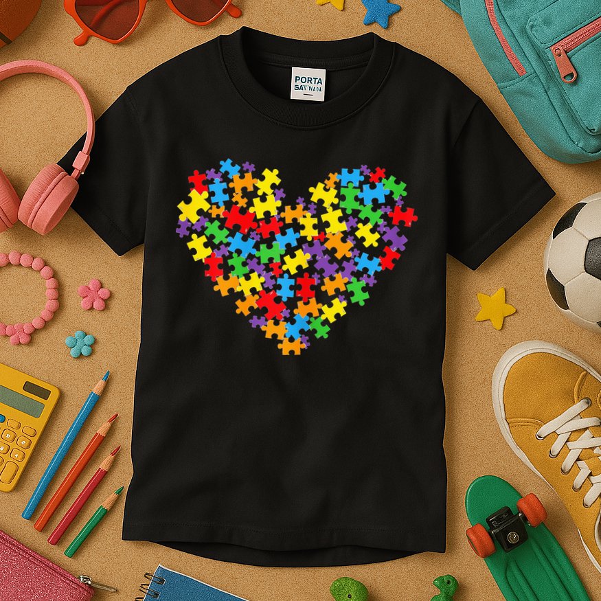 Autism Awareness Heart Valentine Day Puzzle Piece Kids T-Shirt