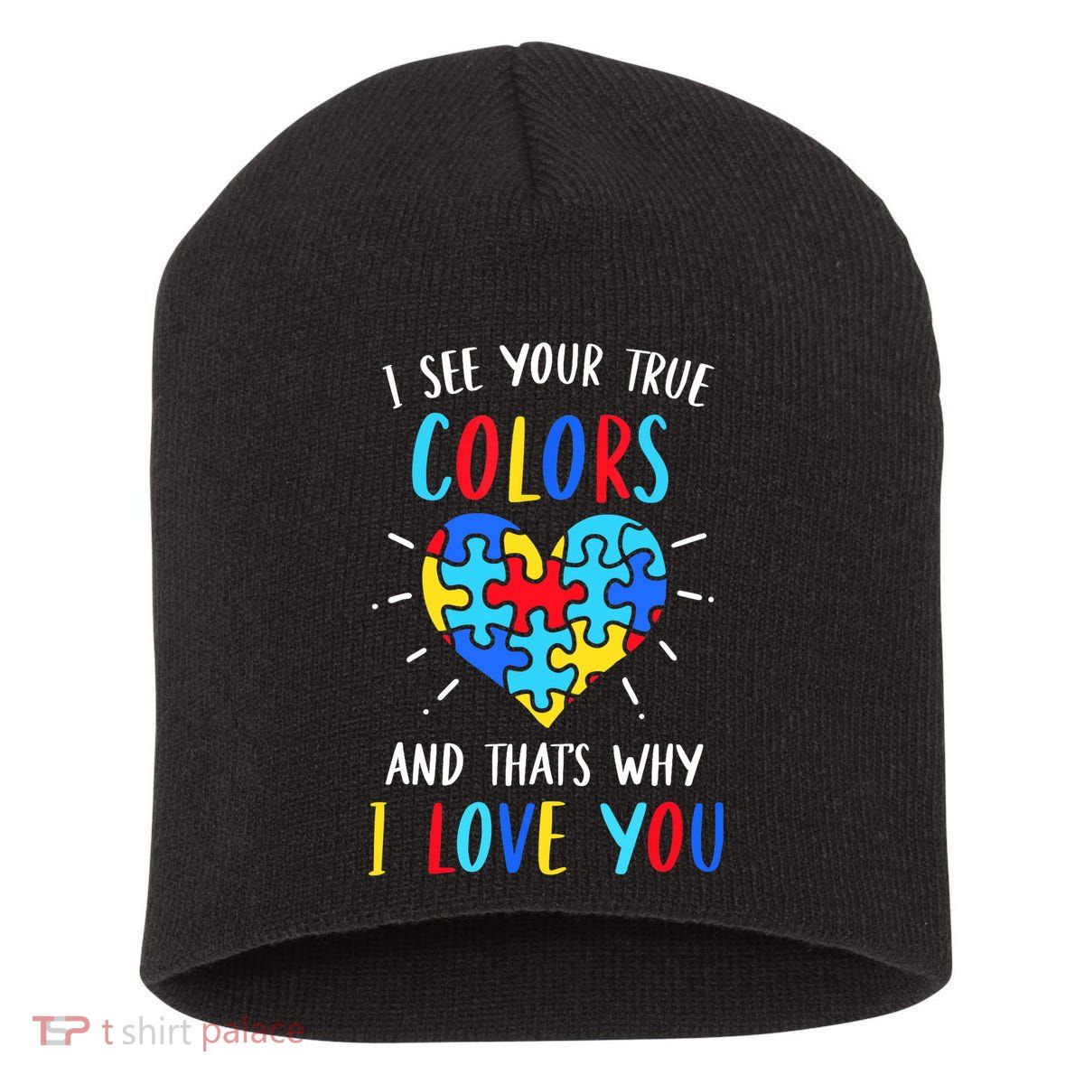 Autism Awareness Heart I See Your True Colors Puzzle Piece Short Acrylic Beanie