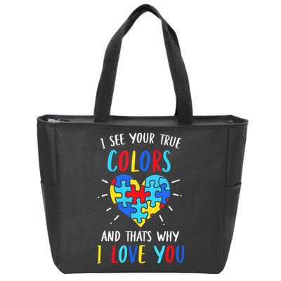 Autism Awareness Heart I See Your True Colors Puzzle Piece Zip Tote Bag