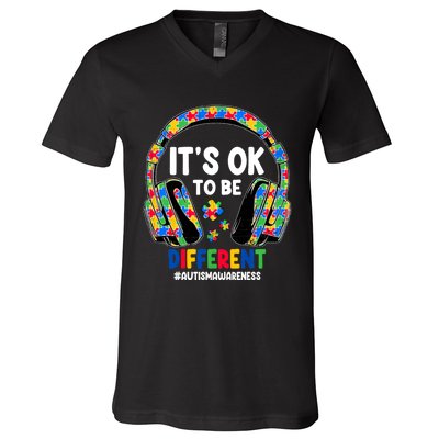 Autism Awareness Headphones ItS Ok To Be Different V-Neck T-Shirt