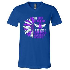 Alzheimers Awareness Hero Is Now My Angel Remembrance Purple Gift V-Neck T-Shirt