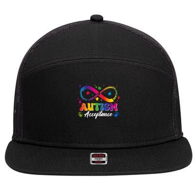 Autism Acceptance Infinity Advocate Educate Accommodate Include 7 Panel Mesh Trucker Snapback Hat