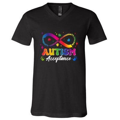Autism Acceptance Infinity Advocate Educate Accommodate Include V-Neck T-Shirt