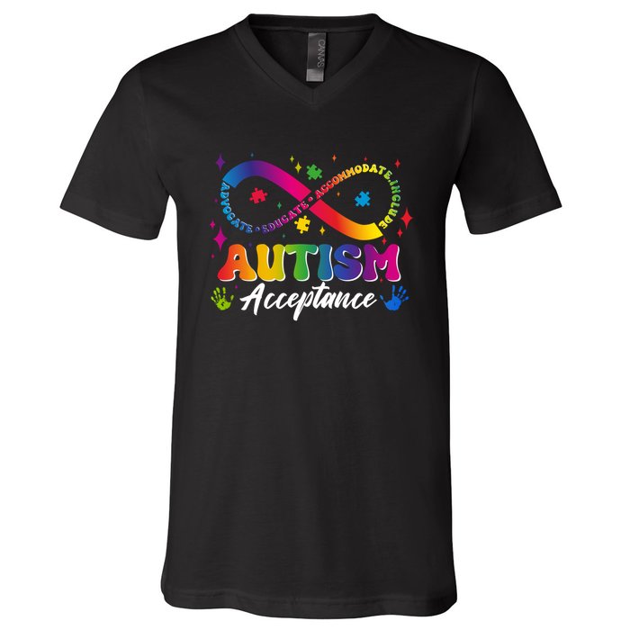 Autism Acceptance Infinity Advocate Educate Accommodate Include V-Neck T-Shirt
