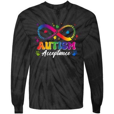 Autism Acceptance Infinity Advocate Educate Accommodate Include Tie-Dye Long Sleeve Shirt