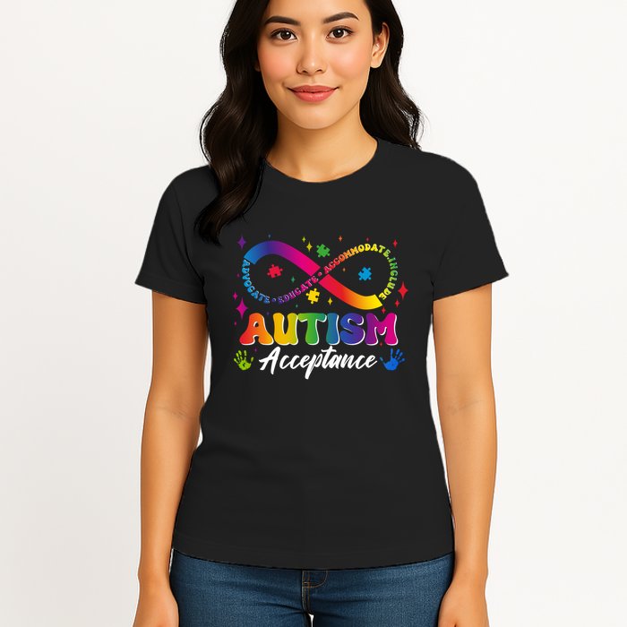 Autism Acceptance Infinity Advocate Educate Accommodate Include Womens T-Shirt