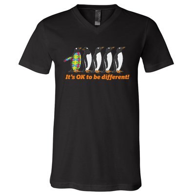 Autism Awareness It's OK To Be Different Penguin V-Neck T-Shirt