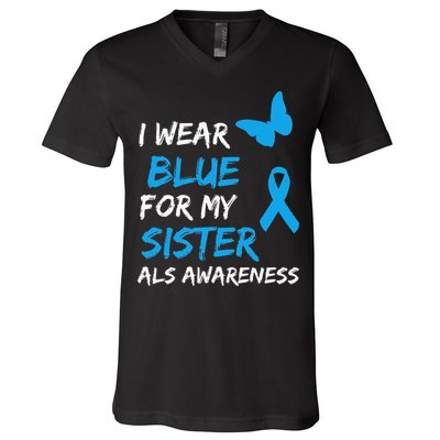 ALS Awareness I Wear Blue For My Sister Ribbon V-Neck T-Shirt