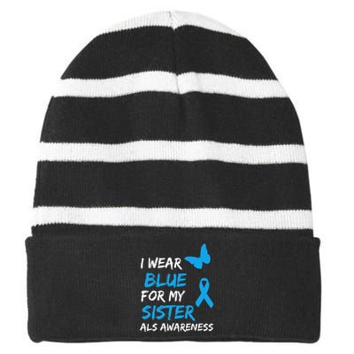 ALS Awareness I Wear Blue For My Sister Ribbon Striped Beanie with Solid Band