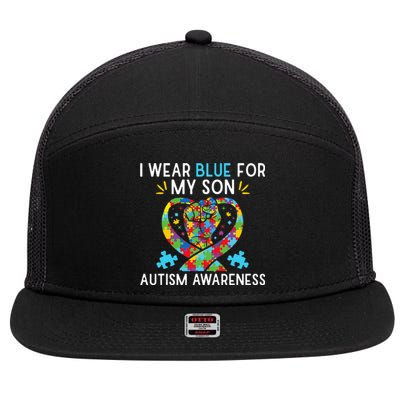 Autism Awareness I Wear Blue For My Son 7 Panel Mesh Trucker Snapback Hat