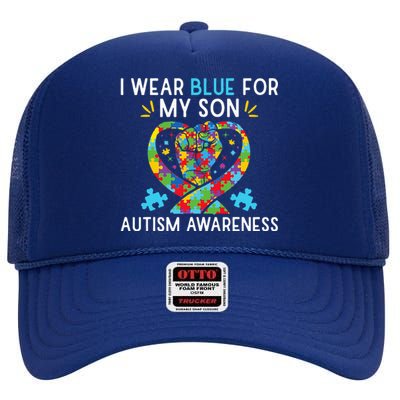 Autism Awareness I Wear Blue For My Son High Crown Mesh Back Trucker Hat