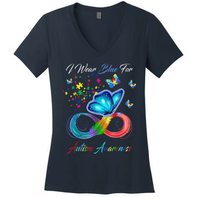 Autism Awareness I Wear Blue For Autism Family Support Women's V-Neck T-Shirt