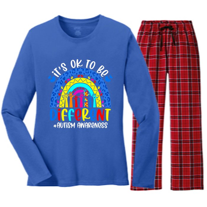 Autism Awareness ItS Ok To Be Different Leopard Rainbow Meaningful Gift Women's Long Sleeve Flannel Pajama Set 