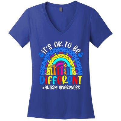 Autism Awareness ItS Ok To Be Different Leopard Rainbow Meaningful Gift Women's V-Neck T-Shirt