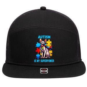 Autism Awareness Is My Superpower Cat Meaningful Gift 7 Panel Mesh Trucker Snapback Hat