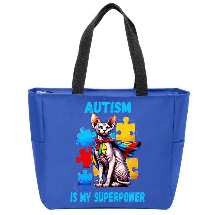 Autism Awareness Is My Superpower Cat Meaningful Gift Zip Tote Bag