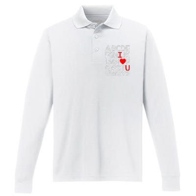 Alphabet ABC I Love You Valentines Day Heart Performance Long Sleeve Polo