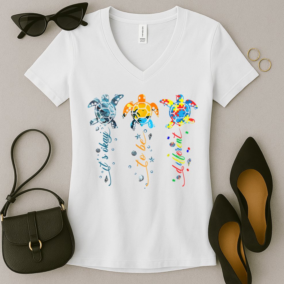 Autism Awareness It's Ok To Be Different Sea Turtle Planet Women's V-Neck T-Shirt