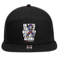 Autism Awareness In This Family Nobody Fights Alone Ribbon 7 Panel Mesh Trucker Snapback Hat