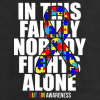 Autism Awareness In This Family Nobody Fights Alone Ribbon 7 Panel Mesh Trucker Snapback Hat