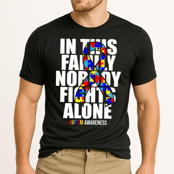 Autism Awareness In This Family Nobody Fights Alone Ribbon Cooling Performance Crew T-Shirt