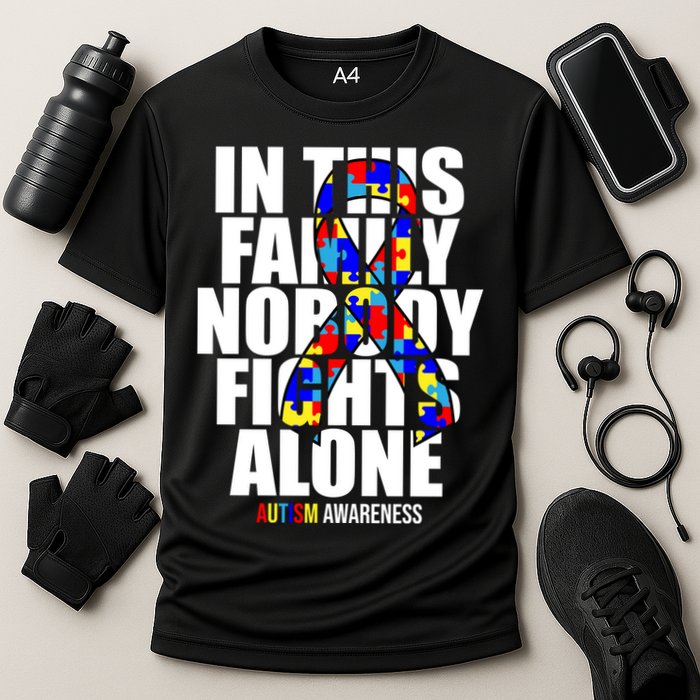 Autism Awareness In This Family Nobody Fights Alone Ribbon Cooling Performance Crew T-Shirt