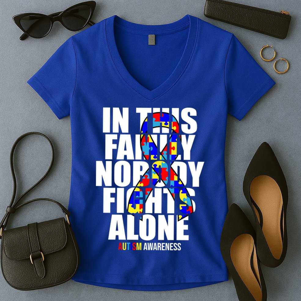 Autism Awareness In This Family Nobody Fights Alone Ribbon Women's V-Neck T-Shirt