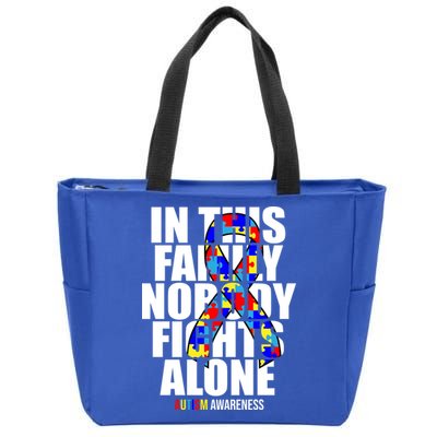 Autism Awareness In This Family Nobody Fights Alone Ribbon Zip Tote Bag