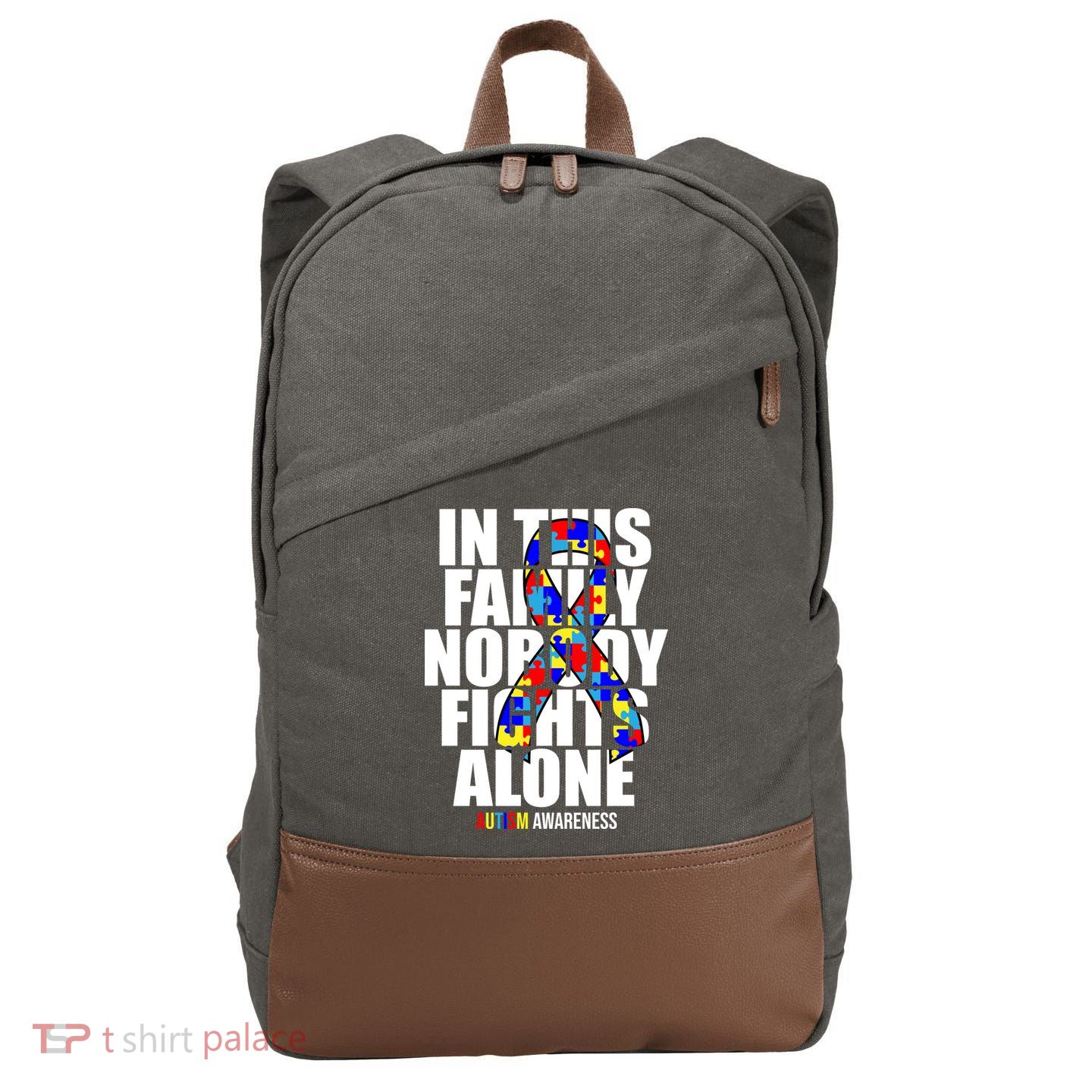 Autism Awareness In This Family Nobody Fights Alone Ribbon Cotton Canvas Backpack