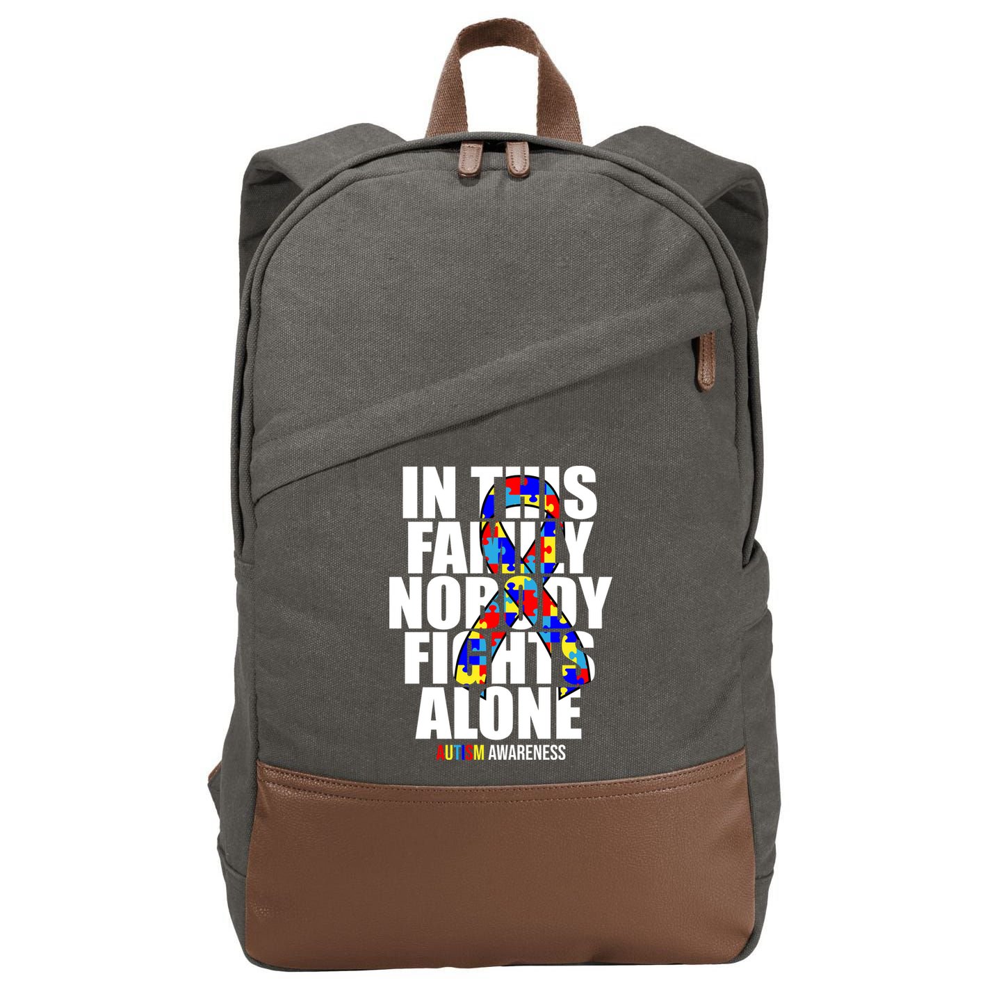 Autism Awareness In This Family Nobody Fights Alone Ribbon Cotton Canvas Backpack