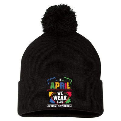 Autism Awareness In April We Wear Blue Graphic Pom Pom 12in Knit Beanie