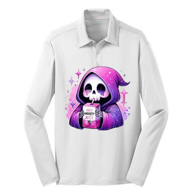 Anti Anxiety Juice Anxious Grim Reaper Halloween Silk Touch Performance Long Sleeve Polo