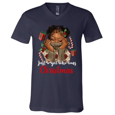 African American Just A Girl Who Loves Christmas Black V-Neck T-Shirt