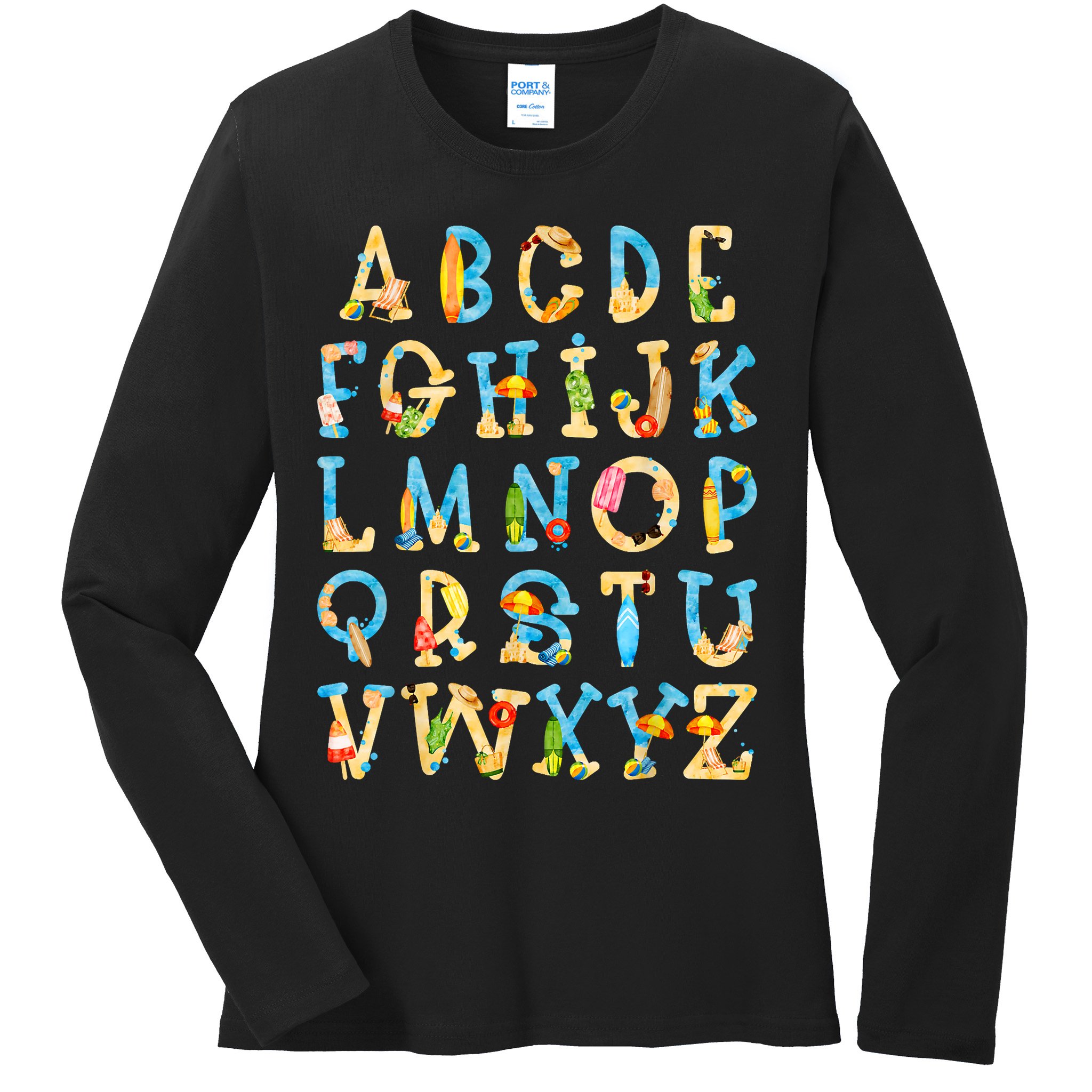 Alphabet ABC Kindergarten Teacher Summer Beach End Of School Ladies Long Sleeve Shirt