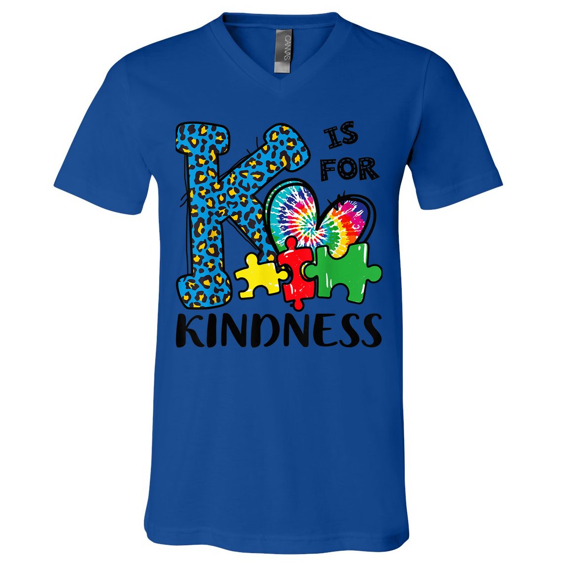 Autism Awareness K Is For Kindness Puzzle Piece Be Kind V-Neck T-Shirt