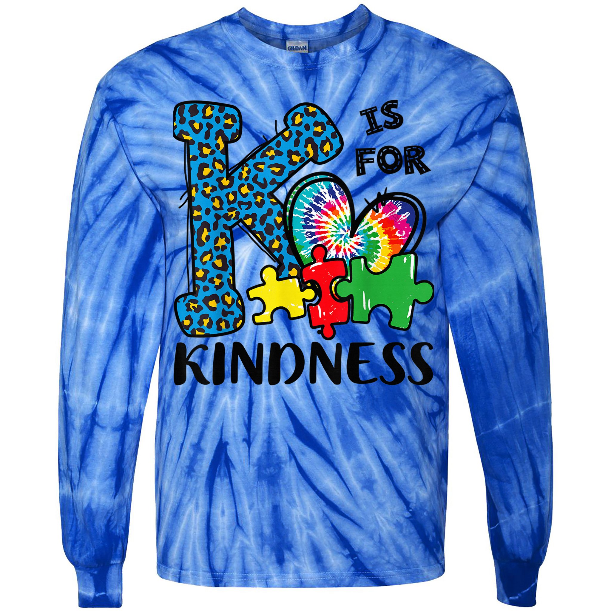 Autism Awareness K Is For Kindness Puzzle Piece Be Kind Tie-Dye Long Sleeve Shirt