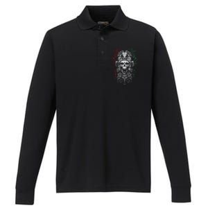 Ancient Aztec King Mexican Skull Mayas Mask Calavera Azteca Performance Long Sleeve Polo