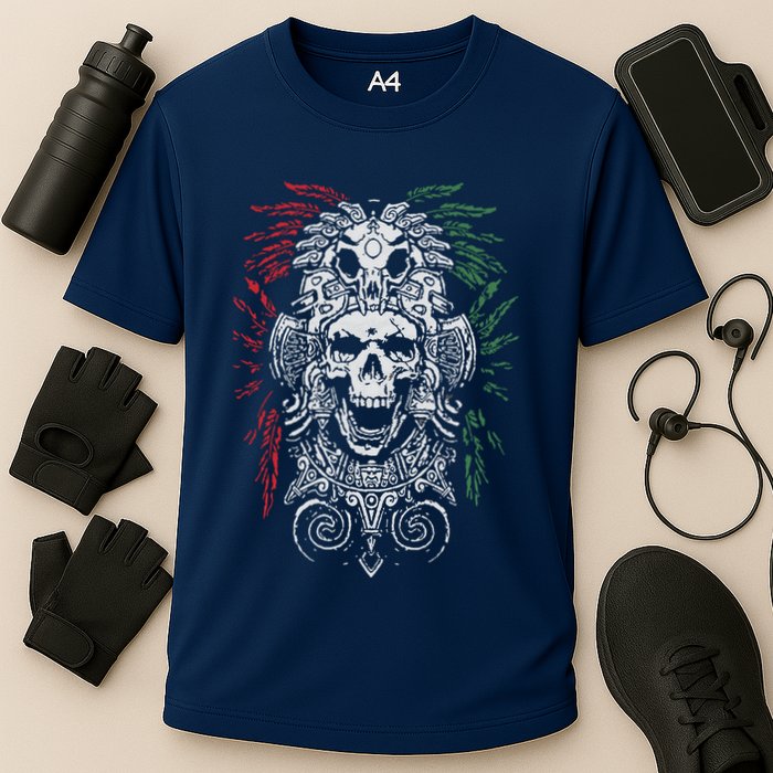 Ancient Aztec King Mexican Skull Mayas Mask Calavera Azteca Cooling Performance Crew T-Shirt